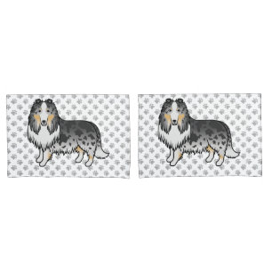 Blue Merle Rough Collie Cute Cartoon Dog & Paws Pillowcase