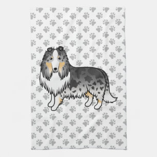 Blue Merle Rough Collie Cute Cartoon Dog & Paws Tea Towel