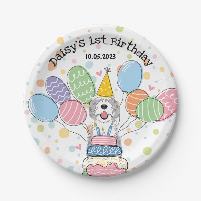 Blue Merle Sheepadoodle Dog Birthday  Paper Plate (Front)