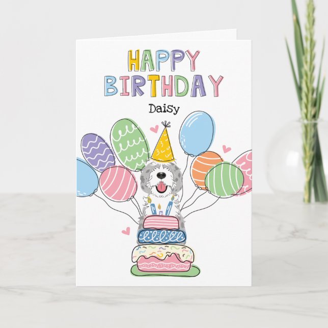 Blue Merle Sheepadoodle Dog Happy Birthday Card (Front)
