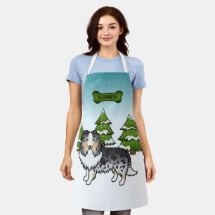 Blue Merle Sheltie Cartoon Dog In Winter & Name Apron