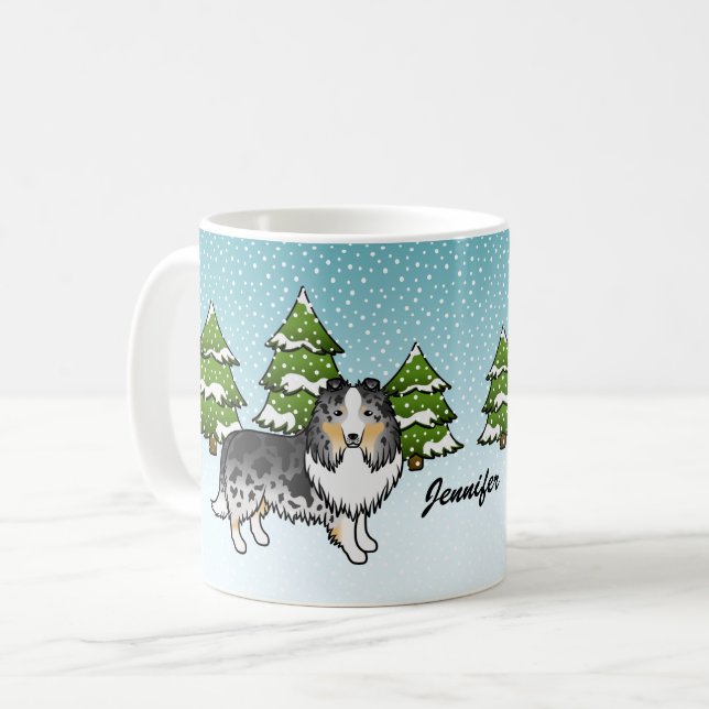 Blue Merle Sheltie Cartoon Dog In Winter & Name Coffee Mug (Front Left)