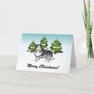 Blue Merle Sheltie Cartoon Dog In Winter & Text Card