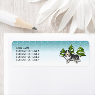 Blue Merle Sheltie Cartoon Dog In Winter & Text Return Address Label