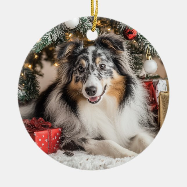 Blue Merle Sheltie Christmas Ceramic Ornament (Front)