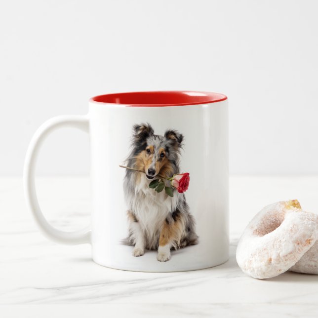 Blue Merle Sheltie Love Two-Tone Coffee Mug (With Donut)
