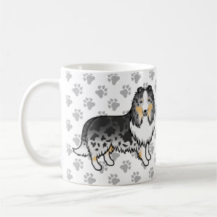 Blue Merle Shetland Sheepdog Cartoon Dog & Paws Coffee Mug