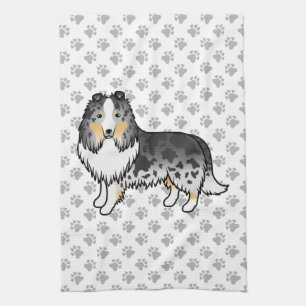 Blue Merle Shetland Sheepdog Cartoon Dog & Paws Tea Towel