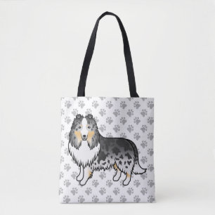 Blue Merle Shetland Sheepdog Cartoon Dog & Paws Tote Bag