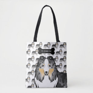Blue Merle Shetland Sheepdog Dog And Bone & Name Tote Bag