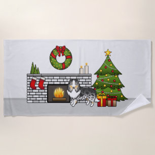 Blue Merle Shetland Sheepdog In A Christmas Room Beach Towel
