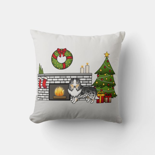 Blue Merle Shetland Sheepdog In A Christmas Room Cushion (Front)