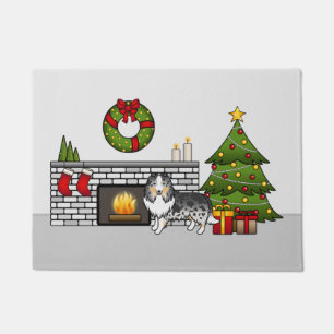 Blue Merle Shetland Sheepdog In A Christmas Room Doormat