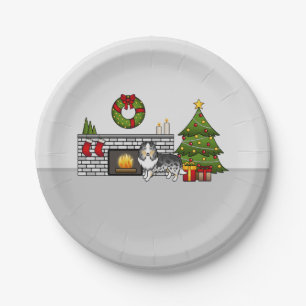 Blue Merle Shetland Sheepdog In A Christmas Room Paper Plate