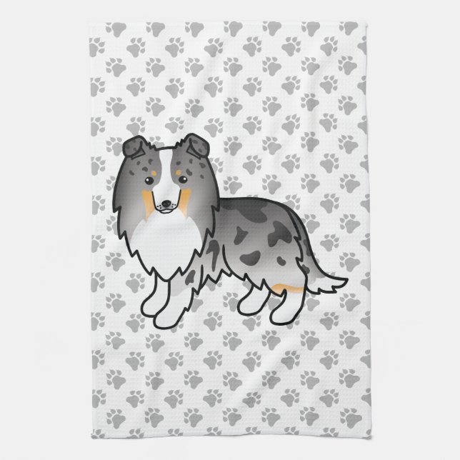 Blue Merle Shetland Sheepdog Sheltie Cartoon Dog Tea Towel (Vertical)