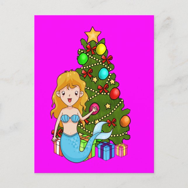 Blue Mermaid and Christmas Tree Holiday Postcard (Front)