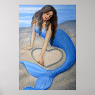 Blue Mermaid Art, Heart in the Sand Poster Print