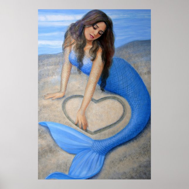 Blue Mermaid Art, Heart in the Sand Poster Print (Front)