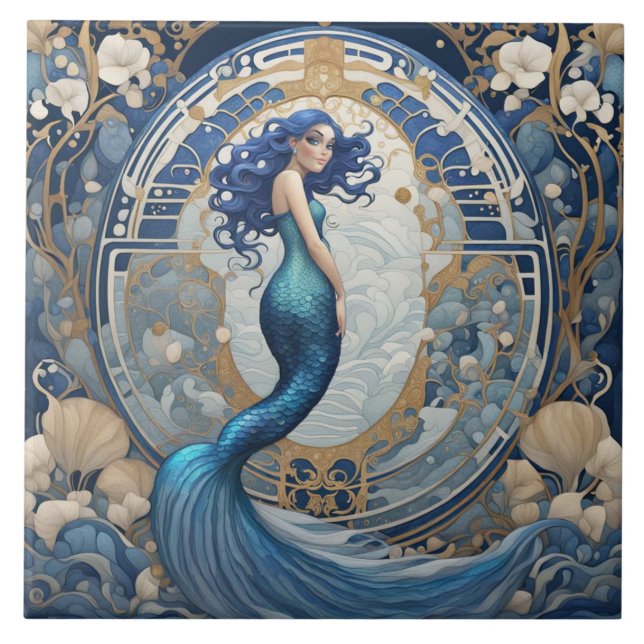 Blue Mermaid Art Nouveau Art Deco Style Ceramic Tile (Front)