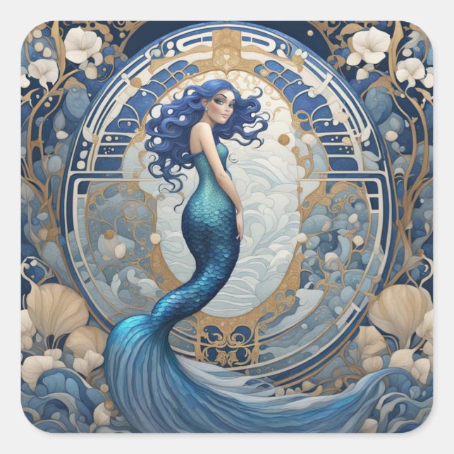 Blue Mermaid Art Nouveau Art Deco Style Square Sticker (Front)