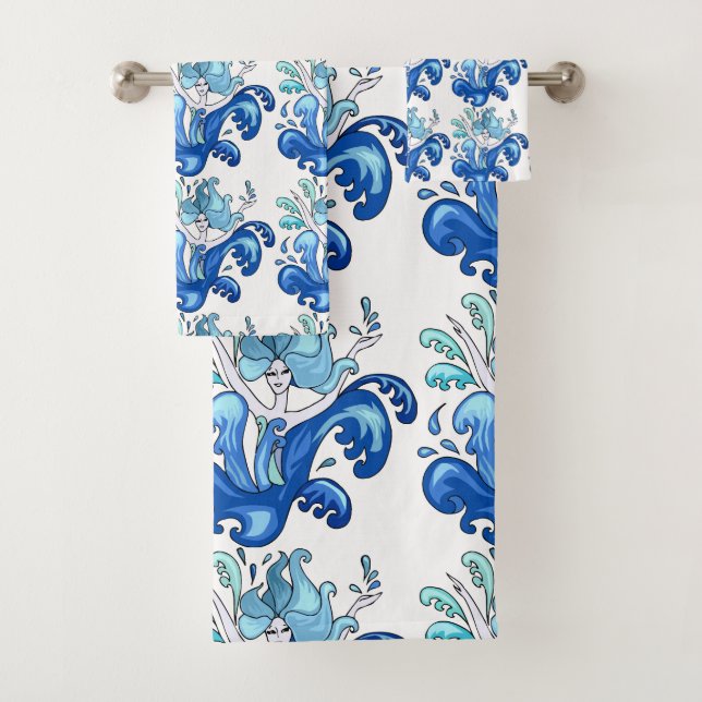 Blue Mermaid Bathroom Towel Set (Insitu)
