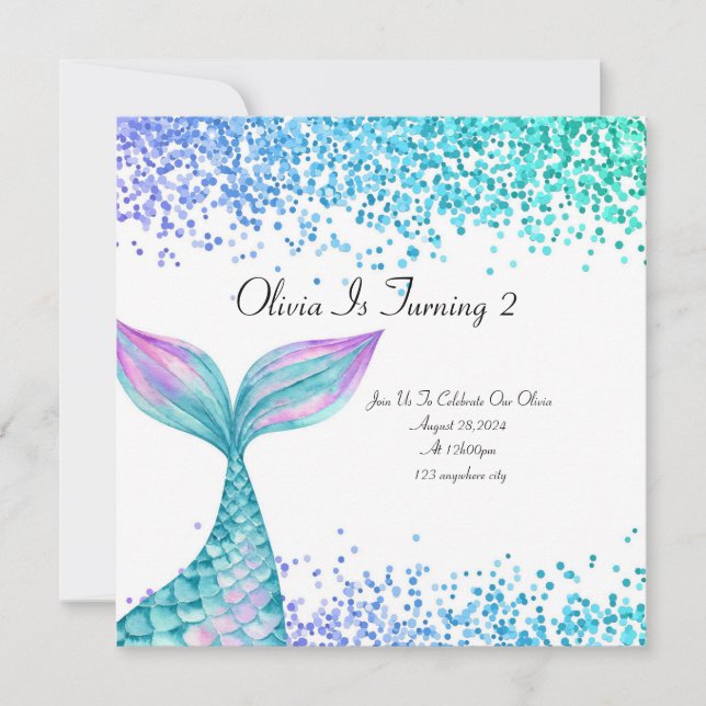 Blue Mermaid birthday invitation for girls (Front)