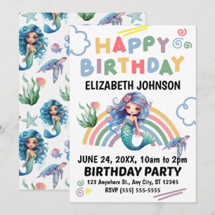 Blue Mermaid Birthday Invitation in White