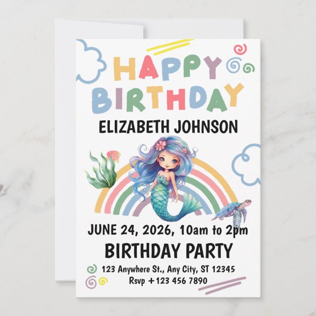 Blue Mermaid Birthday Party Invitation in White (Front)