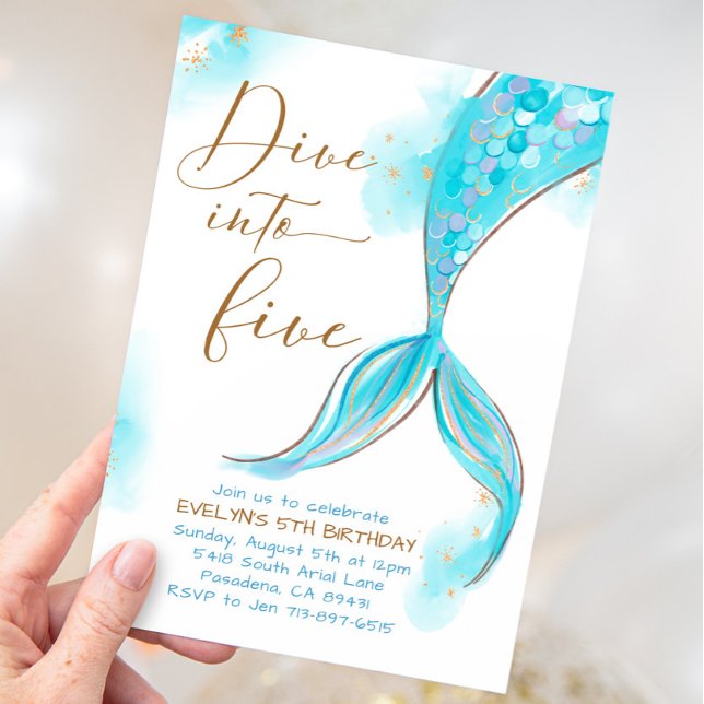 Blue Mermaid Dive Into Five 5th Birthday Party Invitation (Creator Uploaded)