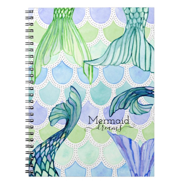 Blue Mermaid Dreams Tails n Scales Watercolor Art Notebook (Front)