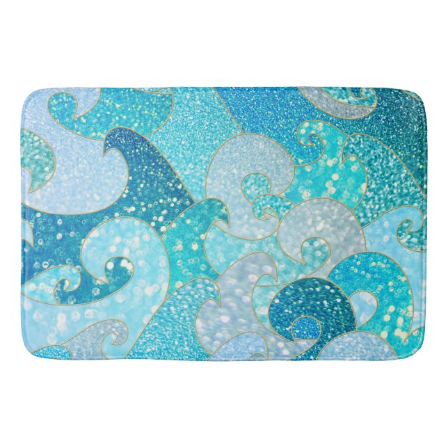 Blue Mermaid Faux Glitter Sea- Teal Gold Ocean Bath Mat (Front)