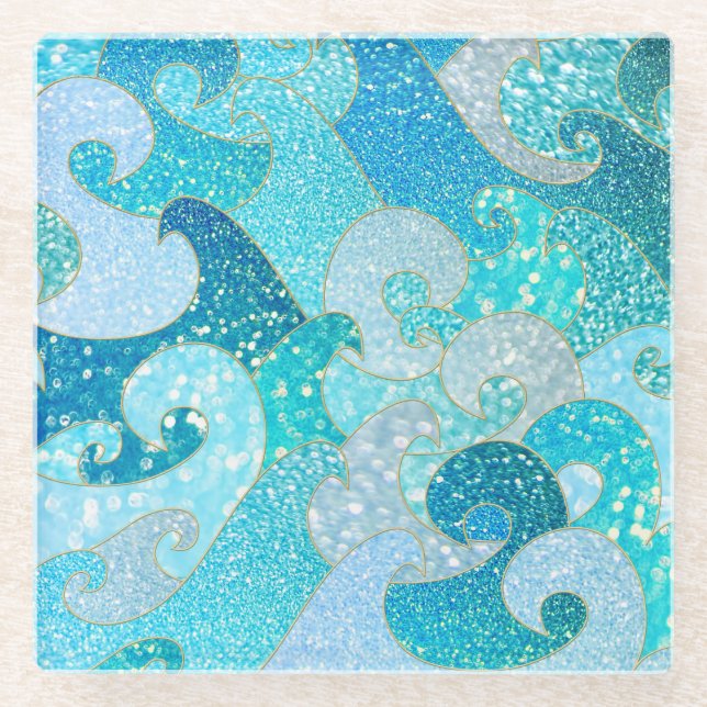 Blue Mermaid Faux Glitter Sea- Teal Gold Ocean Glass Coaster (Front)