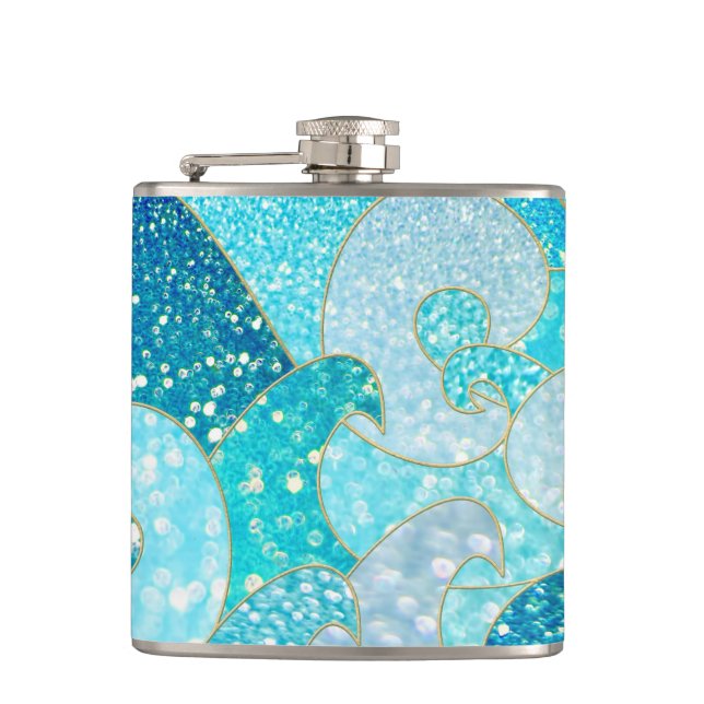 Blue Mermaid Faux Glitter Sea- Teal Gold Ocean Hip Flask (Front)