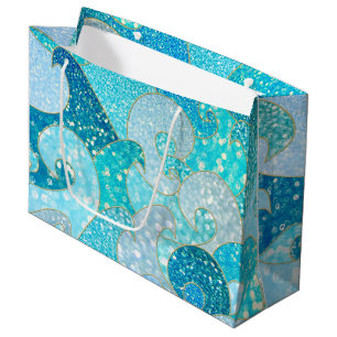 Blue Mermaid Faux Glitter Sea- Teal Gold Ocean Large Gift Bag
