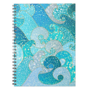 Blue Mermaid Faux Glitter Sea- Teal Gold Ocean Notebook