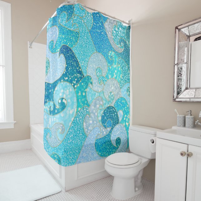 Blue Mermaid Faux Glitter Sea- Teal Gold Ocean Shower Curtain (In Situ)