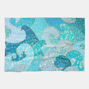 Blue Mermaid Faux Glitter Sea- Teal Gold Ocean Tea Towel