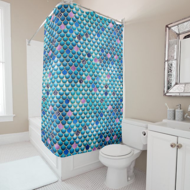 Blue Mermaid Glitter Metallic Scales  Shower Curtain (In Situ)