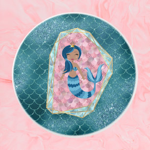 Blue Mermaid in a Pink Shell Ceramic Knob