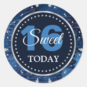 Blue Mermaid Letters Pattern & Glitter Sweet 16 Classic Round Sticker