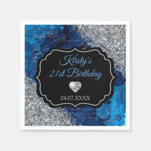 Blue Mermaid Letters Silver Glitter Birthday Napkin
