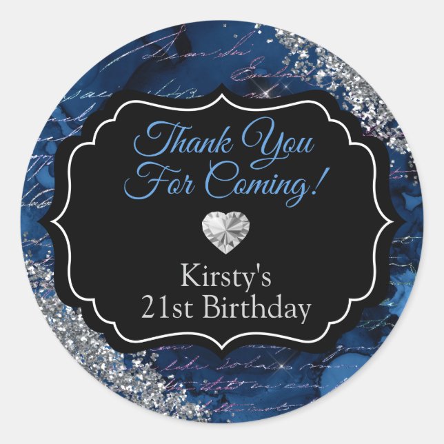 Blue Mermaid Letters Silver Glitter Thank You Classic Round Sticker (Front)