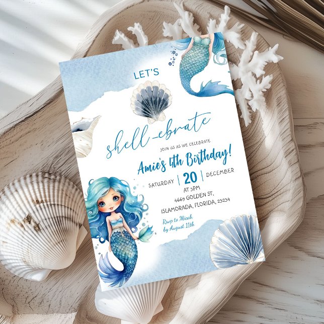 Blue Mermaid Shellebrate Summer Coastal Birthday Invitation (Creator Uploaded)