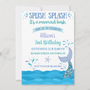 Blue Mermaid Splash Bash Birthday Invitation