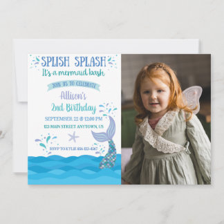 Blue Mermaid Splash Bash Birthday Photo Invitation