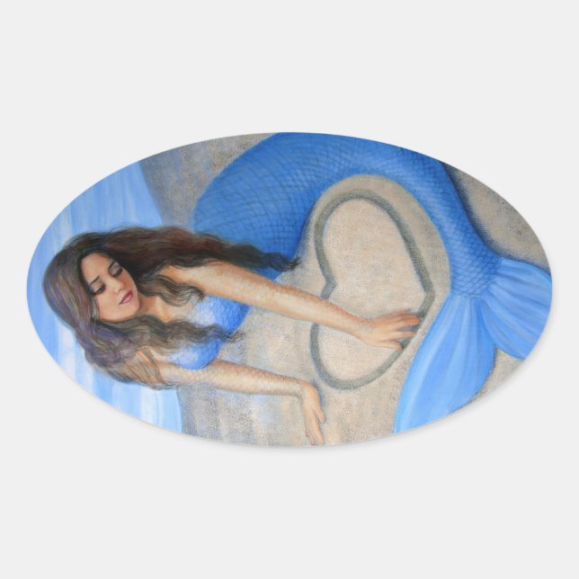Blue Mermaid's Heart Oval Sticker (Front)