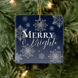Blue Merry and Bright Snowflakes Christmas Ceramic Ornament