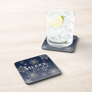 Blue Merry and Bright Snowflakes Christmas Coaster