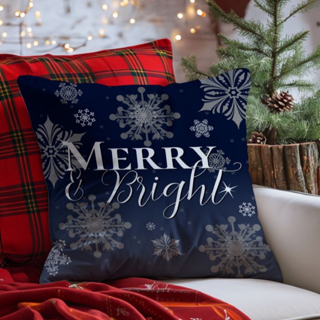 Blue Merry and Bright Snowflakes Christmas Cushion (Blue Merry and Bright Snowflakes Christmas Throw Pillow)