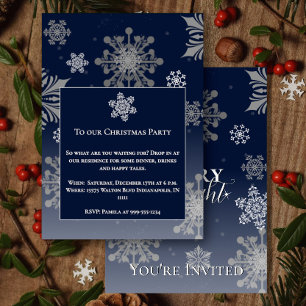 Blue Merry and Bright Snowflakes Christmas Party Invitation